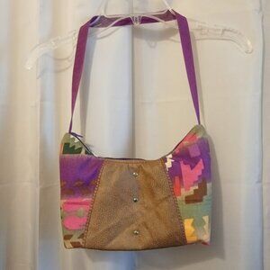 New Southwestern Faux leather Shoulder Bag Purse Brown Purple Crescent Baguette